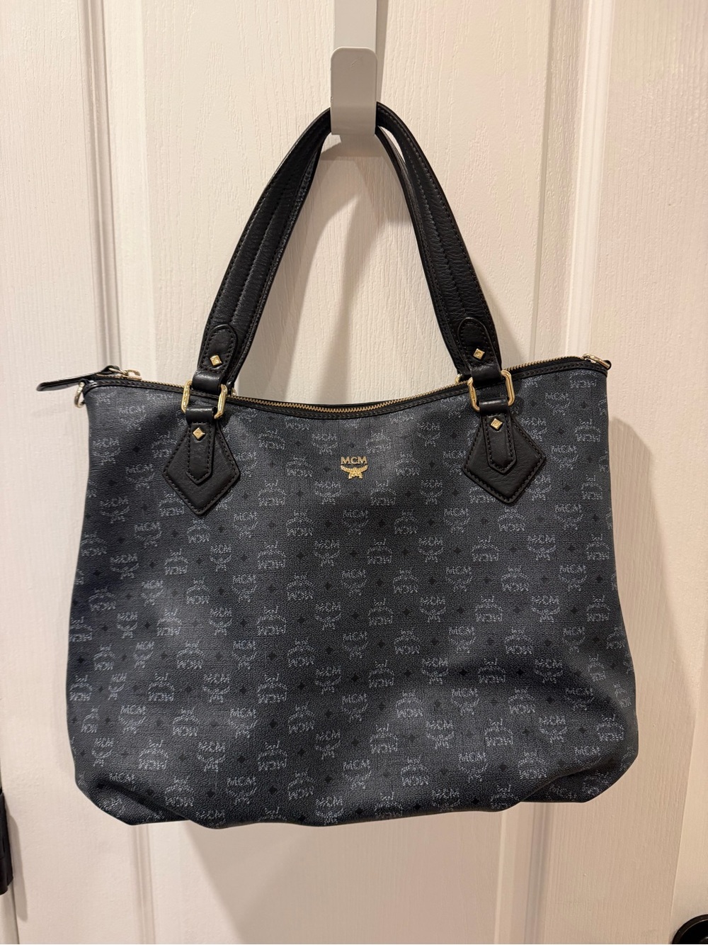 MCM Black Monogram Canvas Shoulder Bag with Gold Hardware and cross body strap